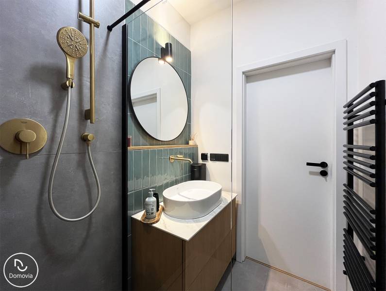 Bathroom with a sink and a luxurious shower in a 2-room apartment on Vajnorská Street.