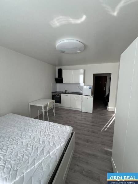 Studio apartment with a white kitchen unit and wood-patterned flooring, bed, and table.