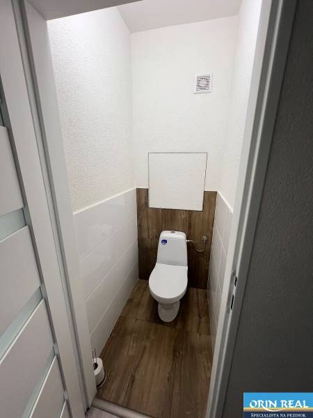 A bathroom with a wooden floor decor in a studio apartment.