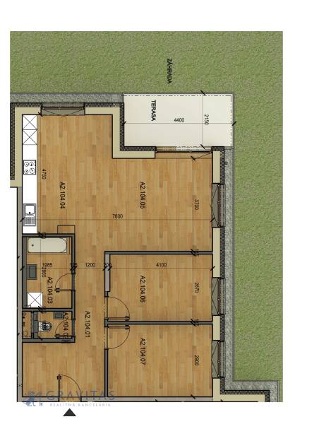 Floor plan of a 3-room apartment with a terrace and flooring with a wooden decor.