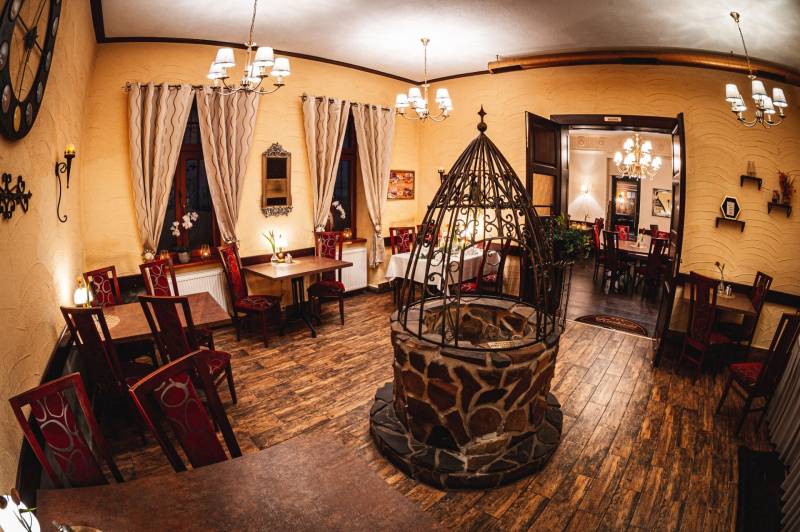 Hotel and guesthouse restaurant with a fireplace and a wooden decor floor.