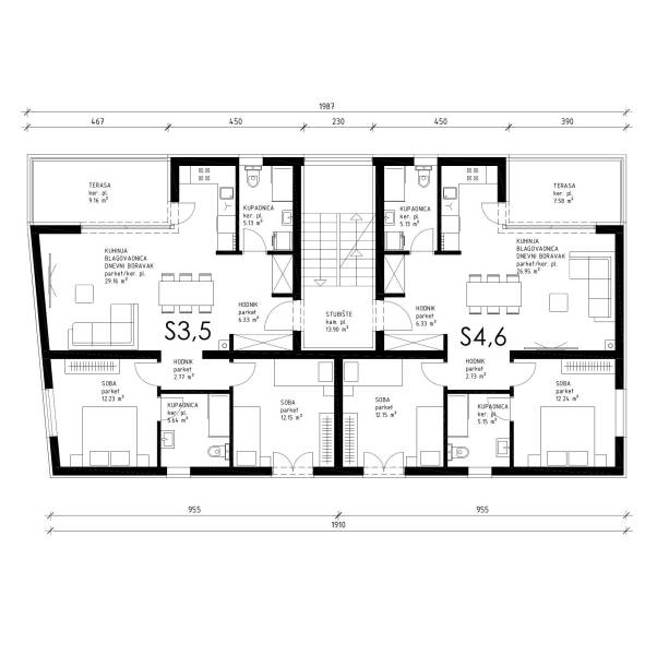 Floor plan of a pair of 3-room apartments with wood-patterned flooring and terraces.
