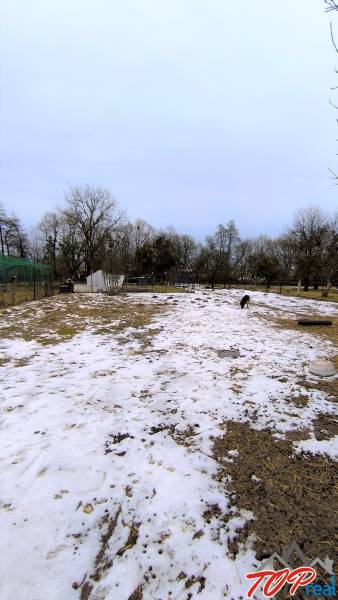 Snow-covered residential plots in Krásnohorské Podhradie, Mierová Street, without deciduous forest.