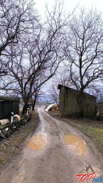 A muddy road with puddles runs alongside barns in Krásnohorské Podhradie on Mierová. Plots - housing.