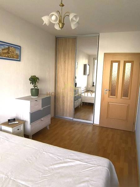 Bedroom with built-in wardrobe, wooden floor decor, cabinet, bed, chandelier, plant.