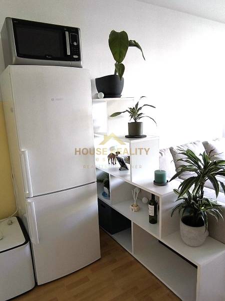 Interior of a 2-room apartment with a stylish white shelf and a floor with a wood decor.
