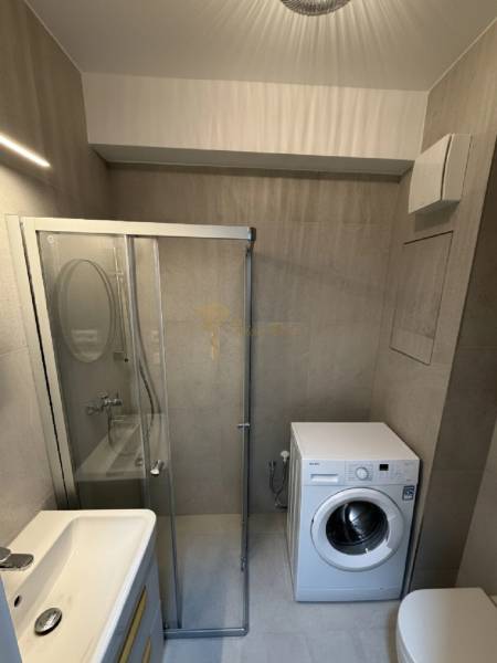 A bathroom in a studio apartment with a washing machine, shower, and sink.