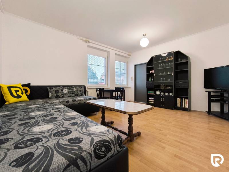 Living room in a family house with a sofa, shelves, television, and a wooden decor floor.