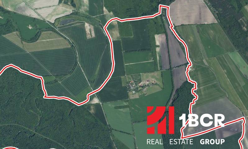 Aerial view of agricultural and forest land in Vysoká pri Morave.