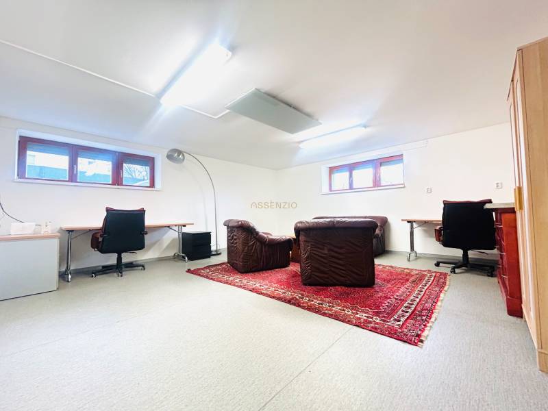 Home office with carpet decor and leather chairs in a family house.