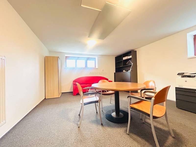Office in a family house with windows, a table, chairs, a sofa, and a wardrobe.