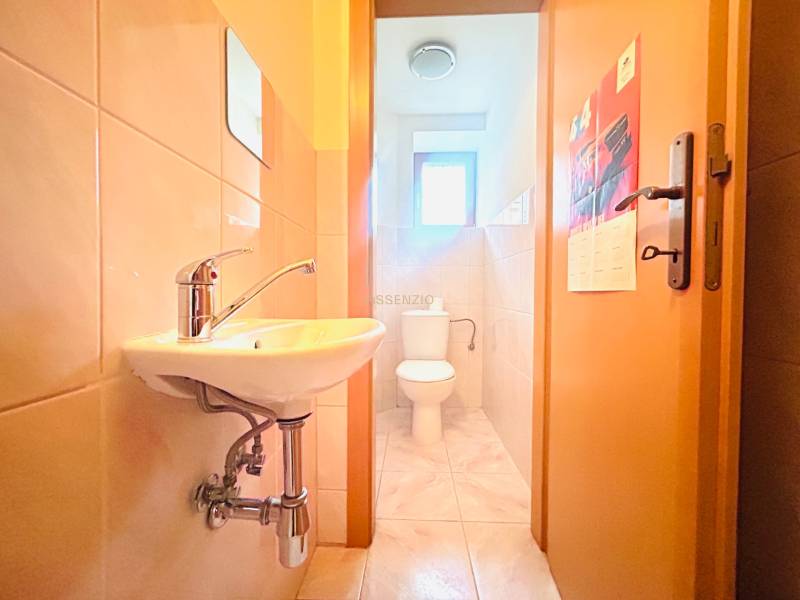 A bathroom in a family house with a sink, toilet, and light-colored tiles on the walls.