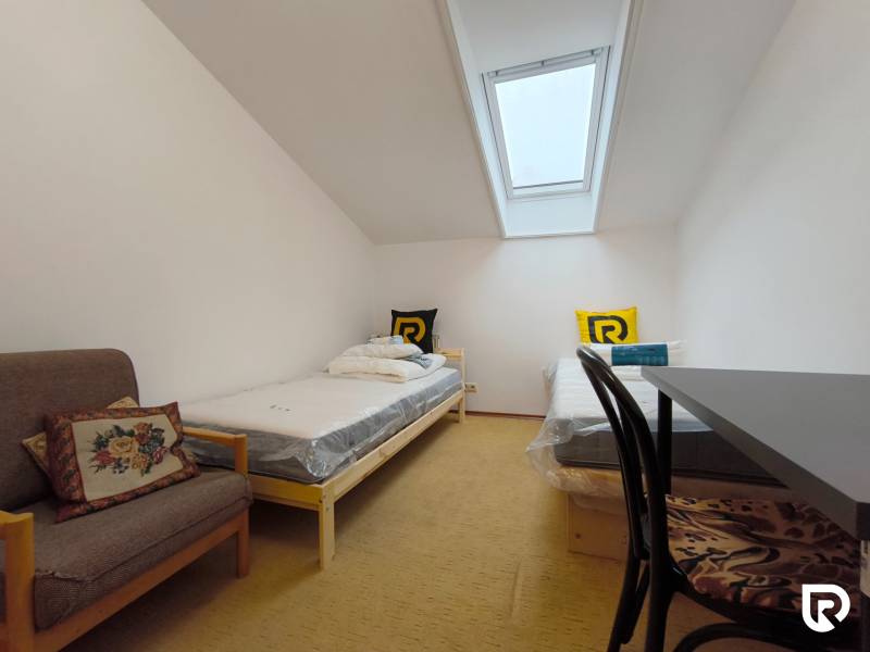 A room in a family house with a skylight, two beds, and a chair.