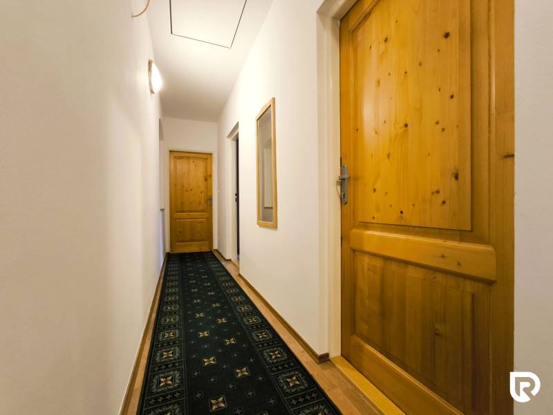 Hallway of a family house with wooden doors and a carpet.