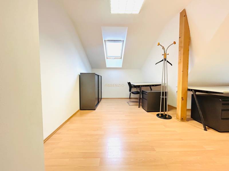 Offices with wood-patterned flooring, skylight, furniture, and a clothes rack.