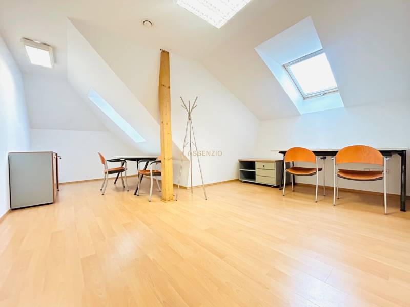 Offices with wood-patterned flooring, skylights, desks, and chairs.
