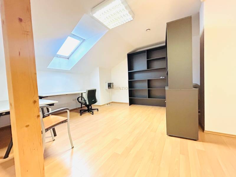 Offices with wood-patterned flooring, a skylight, and a shelving system.