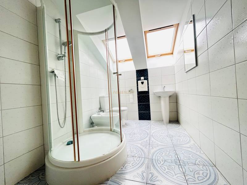 A bathroom with a corner shower, a sink, and skylights in the offices.