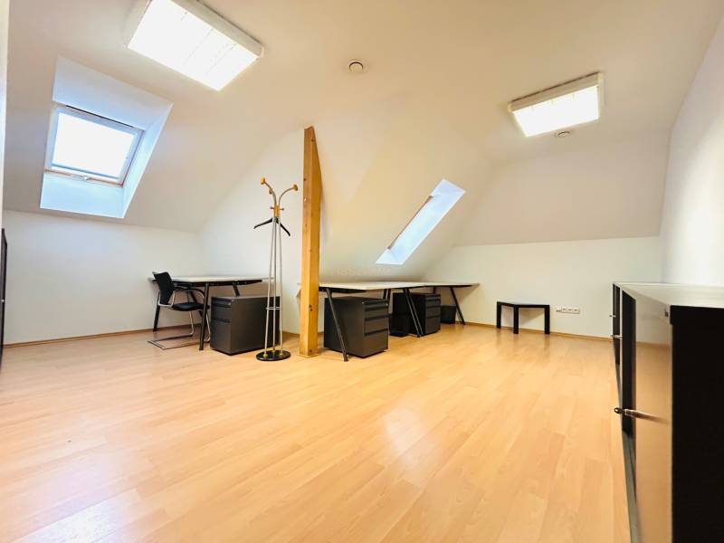 Offices with wood-patterned flooring, desks, chairs, and skylights.