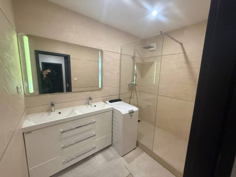 A bathroom with a double sink, shower, and washing machine in a 3-room apartment.