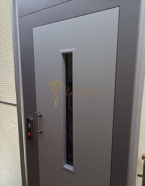Gray door with a glass peephole and an elevator button, photo in a studio apartment.