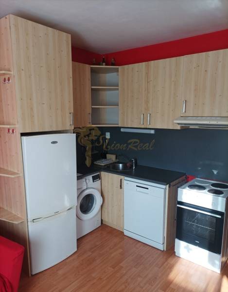 A kitchenette with wooden decor and appliances in a studio apartment.