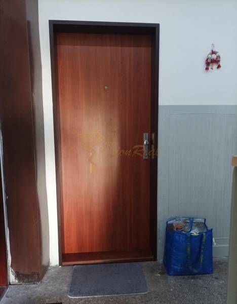 Wooden door leading to a one-room apartment with an entrance mat.