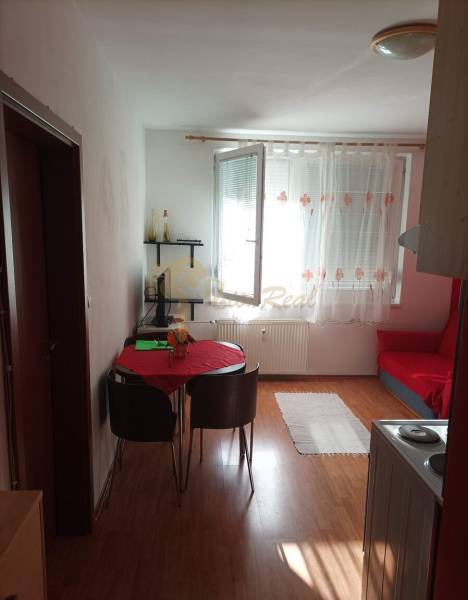 Living area of a studio apartment with a wood-patterned floor, table, and chairs.