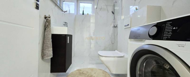 Bathroom in a family house with a washing machine and a shower, elegant tiles.