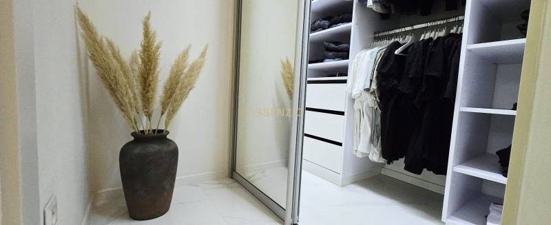 In the wardrobe of the family house, there is a vase with pampas grass and sliding mirror doors.
