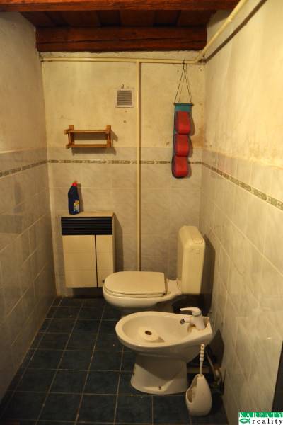 A bathroom in a family house with ceramic tiles and a wooden ceiling.