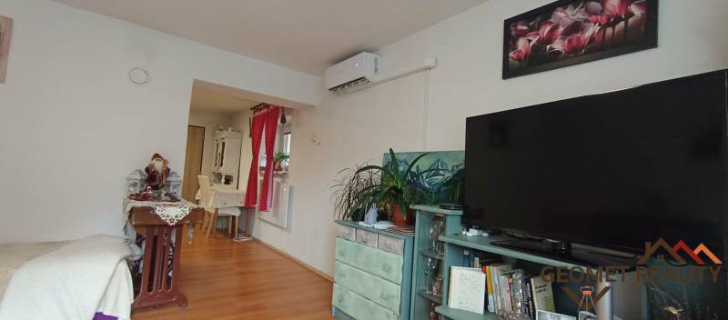 Living room with wood-patterned flooring, television, air conditioning, and decorative elements.
