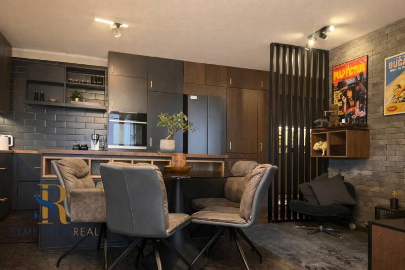A kitchen in a 2-room apartment with dark cabinets and decorative posters on the wall.