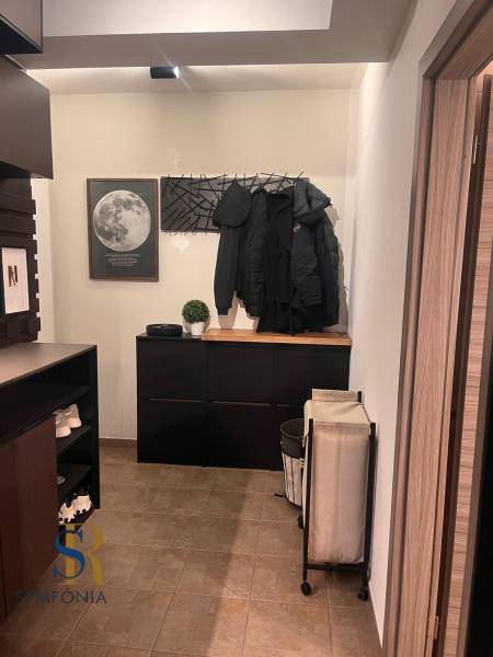 The entrance hall in a 2-room apartment with practical furniture and a moon decoration on the wall.