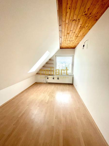 Attic room in a family house with a wooden decor floor and a skylight.