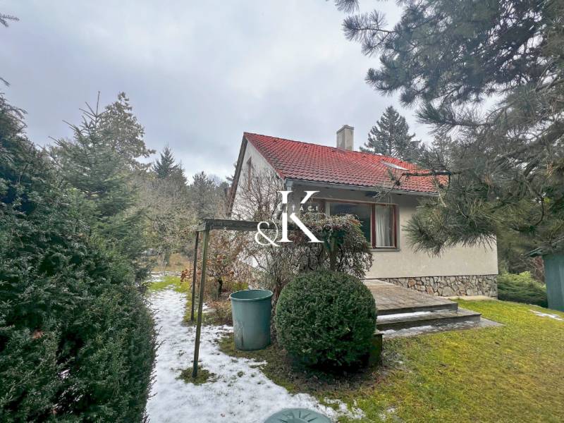 A garden cottage in Modra surrounded by greenery and a snow-covered path.