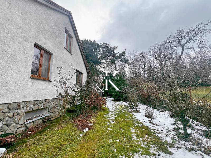 The garden by the cottage in Modra with a lawn, snow, and trees along the house.