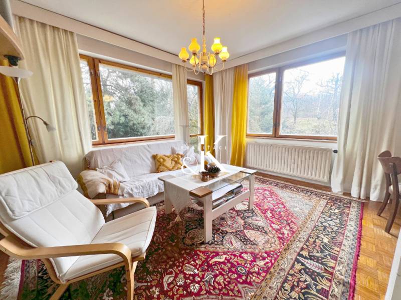 Bright living room with wood-patterned flooring, carpet, white furniture, large windows.