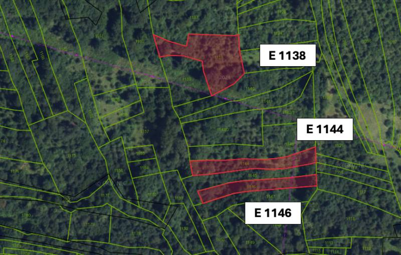 Map display of agricultural and forest lands in Malachovo with marked parcels.