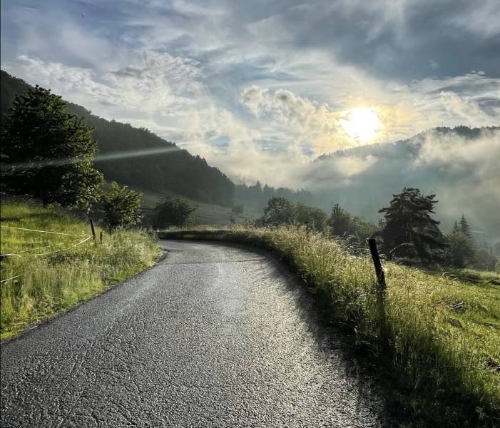 A road in agricultural and forest lands in Malachovo at sunrise.