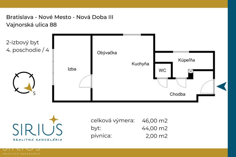 Floor plan of a 2-room apartment on Vajnorská Street 88, Bratislava - Nové Mesto, Nová Doba III.