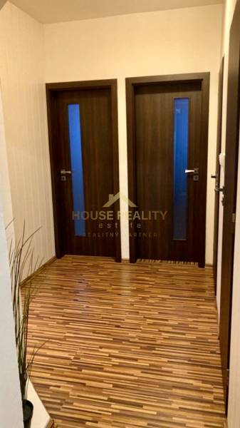Entrance hallway with two doors, wooden decor flooring, and a plant.