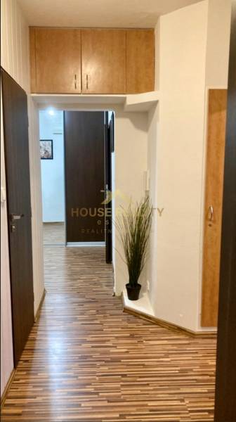 A hallway in a 3-room apartment with a wooden decor floor and built-in cabinets.