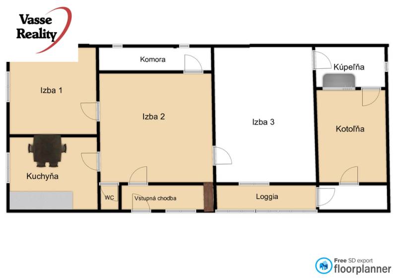 Floor plan of a family house with three rooms, a kitchen, a bathroom, and a loggia.
