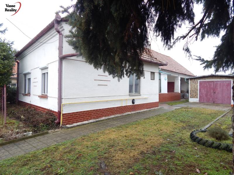 A family house in Kravany nad Dunajom with a garage, next to it a sidewalk and a grassy area.