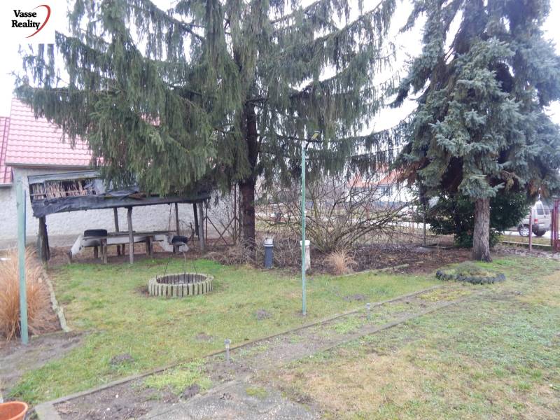 A garden at a family house in Kravany nad Dunajom with a gazebo and coniferous trees.