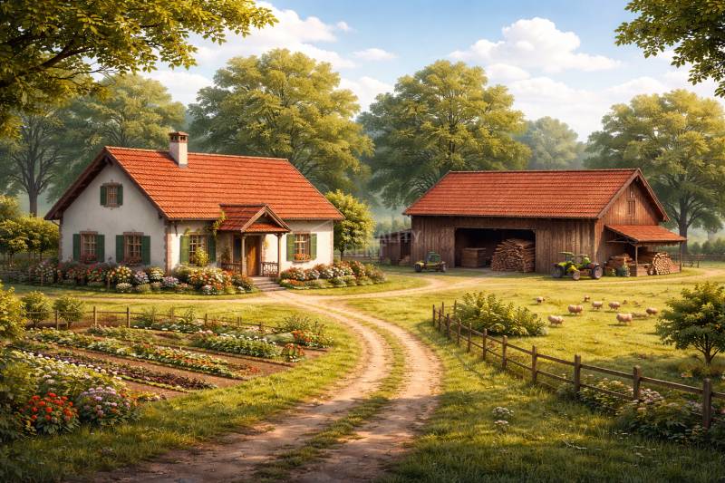 A family house in Zákopčie surrounded by flowers, a garden, and fields, next to a barn with a tractor.