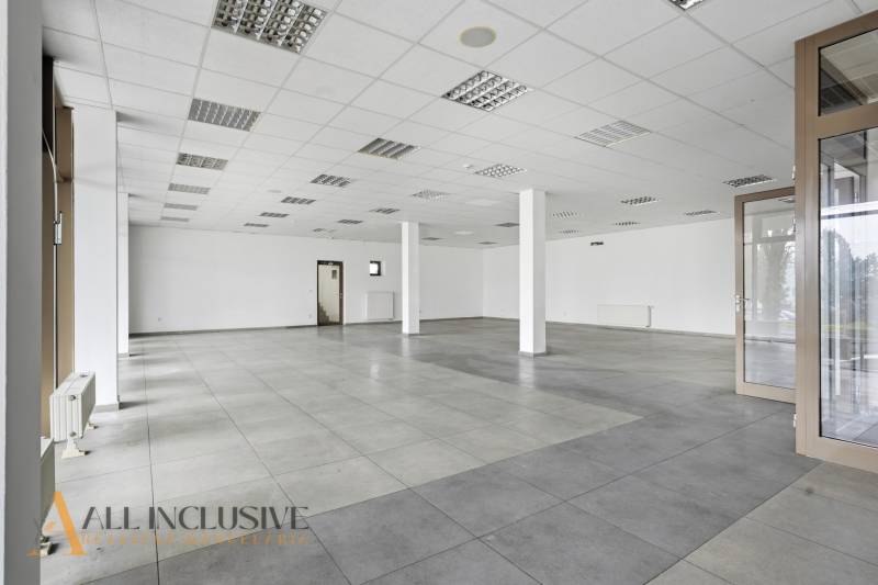 Spacious commercial premises with tiles and columns.