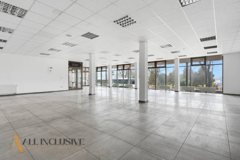 Spacious commercial spaces with large windows, floor with simple decor.