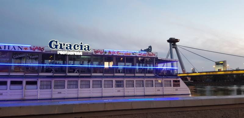 The restaurant on the Gracia boat with a view of the SNP Bridge in Bratislava.